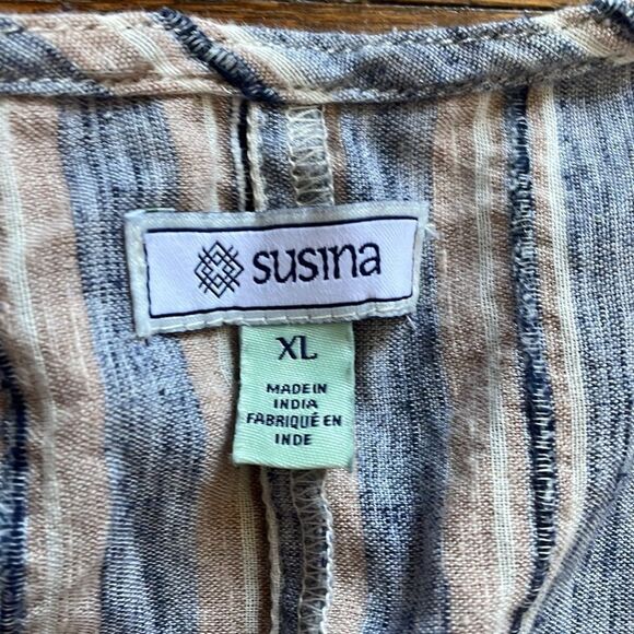 Susina Tan & Blue Striped V-Neck Tie Dress with Pockets - Picture 2 of 7